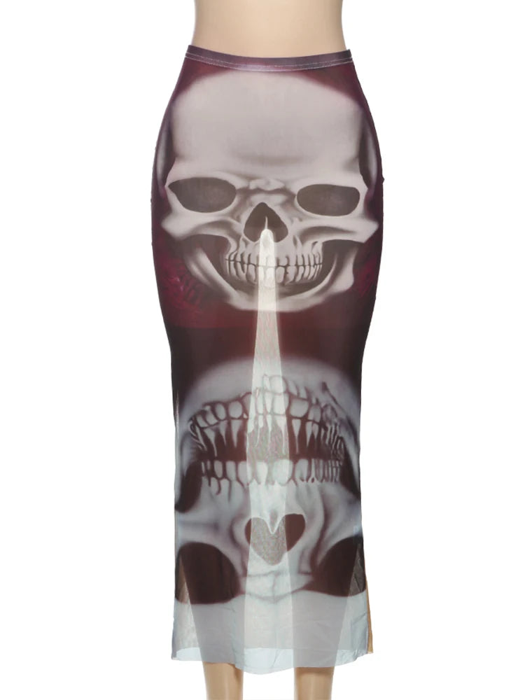 See Through Skirts Women 2025 Summer Trend Skulls Print Sexy Skinny Stretch Wild Basic Clubwear Midnight Long Skirts