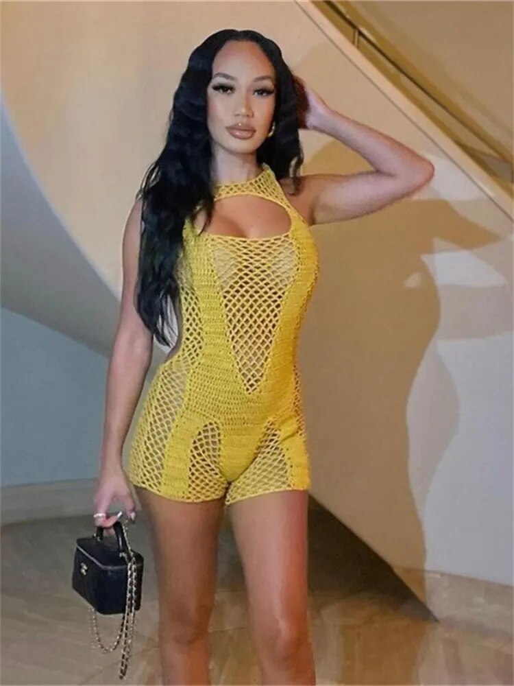 Sexy Romper Sleeveless Summer Fashion Crochet See Through Backless Solid Casual Skinny Elastic Streetwear Playsuits