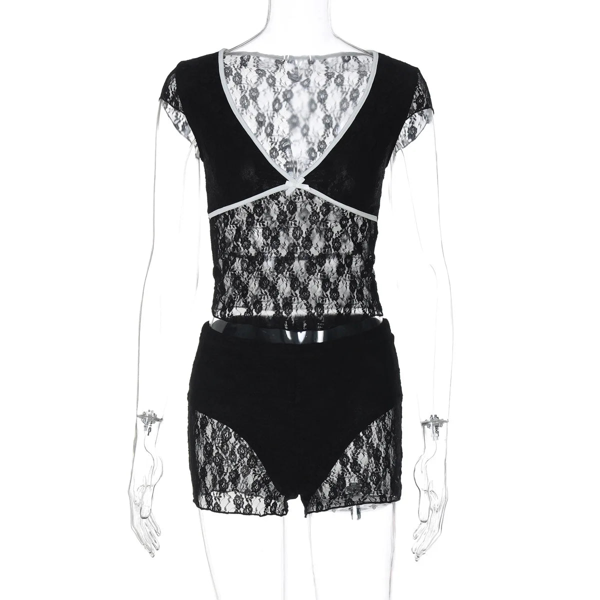 Sexy Women Lingerie Set Patchwork Lace V Neck Short Sleeve Crop Tops Sheer Mini Shorts 2 Piece Pajama Outfits