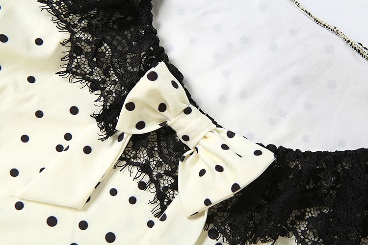 Daily Tank Top Women Sweet Lace Patchwork Trend Bow Applique Polka Dot Print Short Sleeve Patchwork Chic Party Club Tess