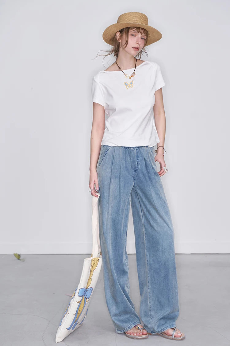 High Waist Wide Leg Jeans for Women, Casual Loose Fit Denim Pants with Elastic Waist, Lightweight Washed Trousers