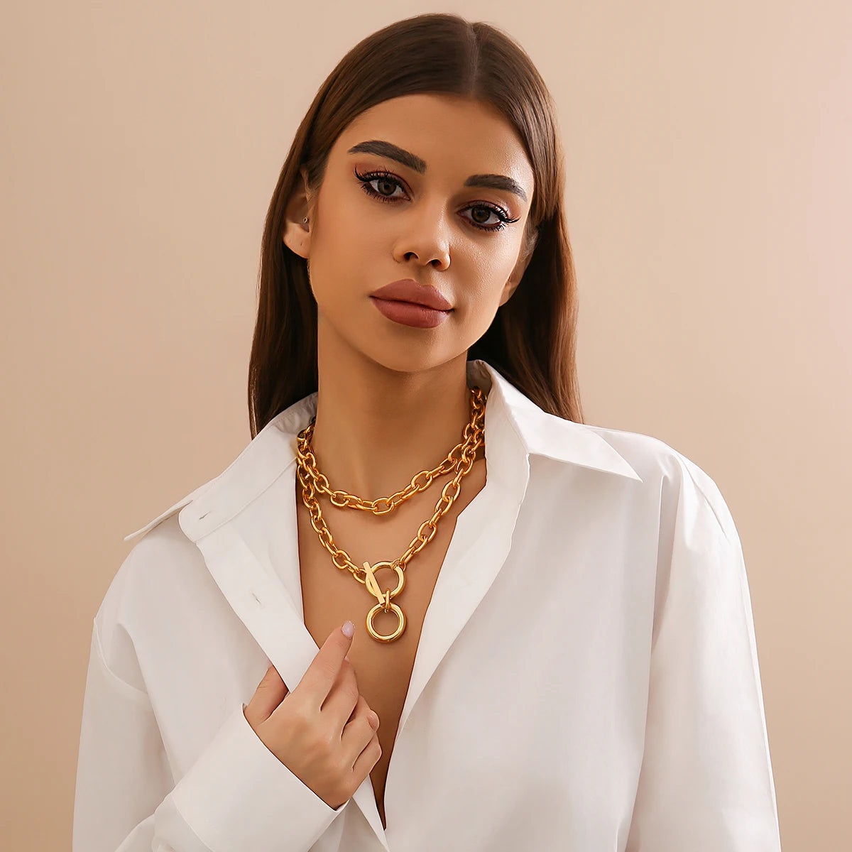 2Pcs Exaggerated Big Heavy Metal Chunky Chain Necklace Women Goth OT Buckle Circle Pendant Choker Grunge Jewelry Steampunk Men
