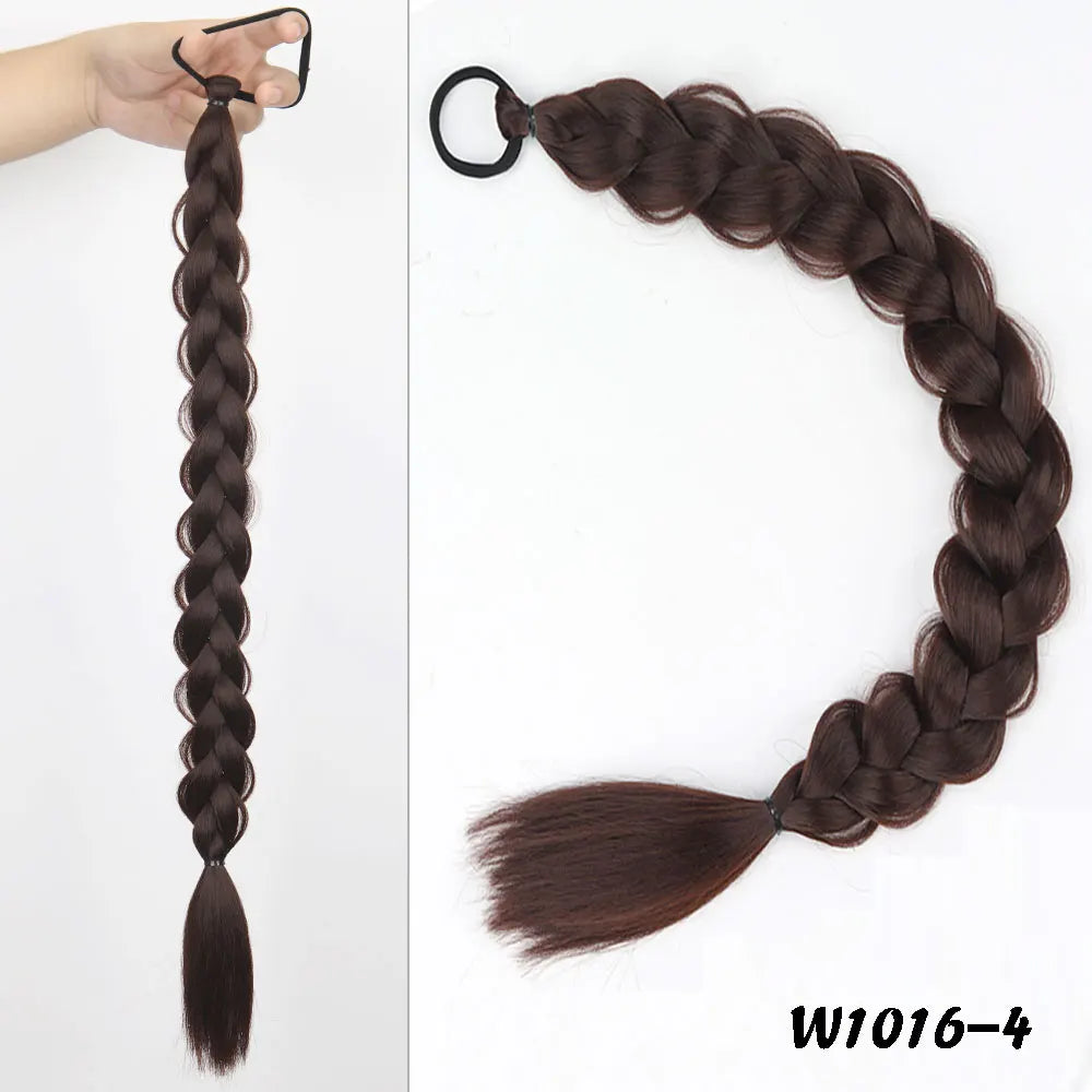 24inches Synthetic Long Braided Ponytail Hair Extensions for Women Black Brown Pony Tail with Hair Rope High Temperature Fiber