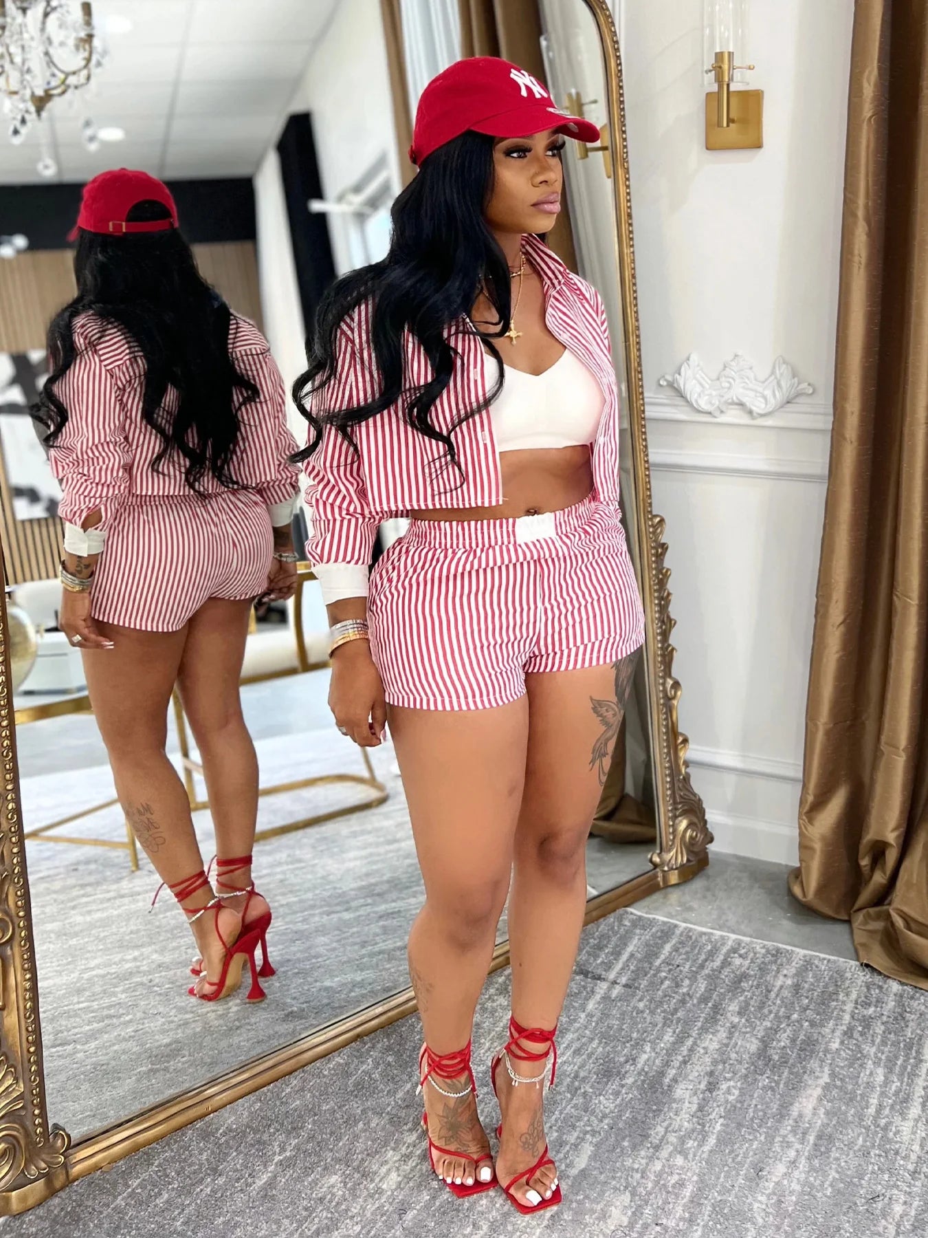 Stripe Single Button 2 Piece Set Women Elegant Patchwork Crop top+Shorts Casual Streetwear Simple Activity Outfits