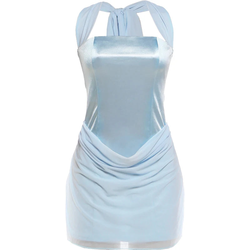 Elegant Backless Satin Dress Women Sexy Halter Bandages Mesh Patchwork Ruched Fashion Peach Hip Party Club Bodycon