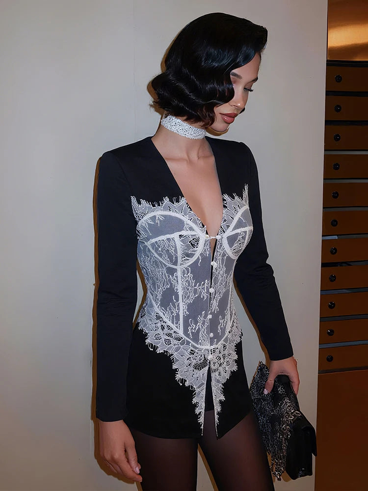 Jacquard Patchwork Jacket Women V-Neck Single-Breasted Full Sleeve Fall Trend Office Basic Street Skinny Crop Coat