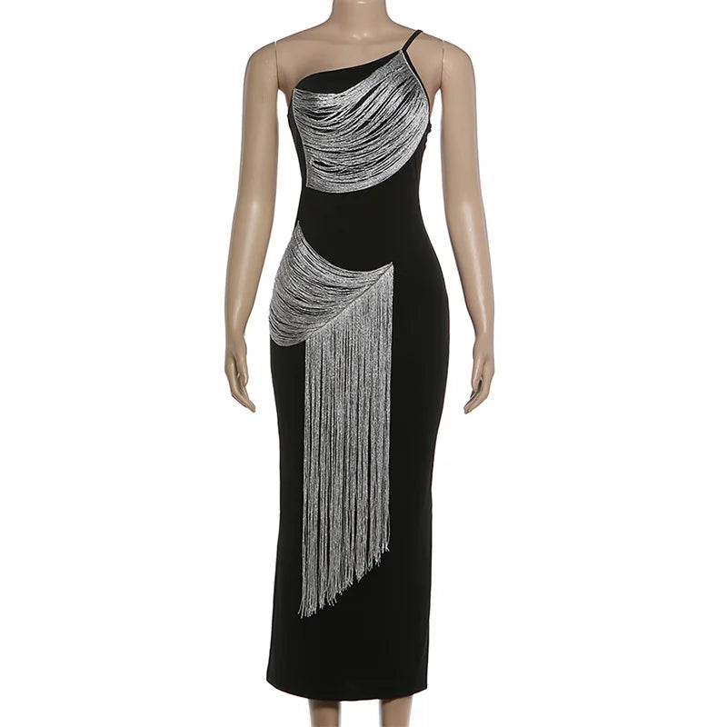 One Shoulder Backless Fringed Long Dresses Black Gowns Elegant Sexy Woman Birthday Dresses
