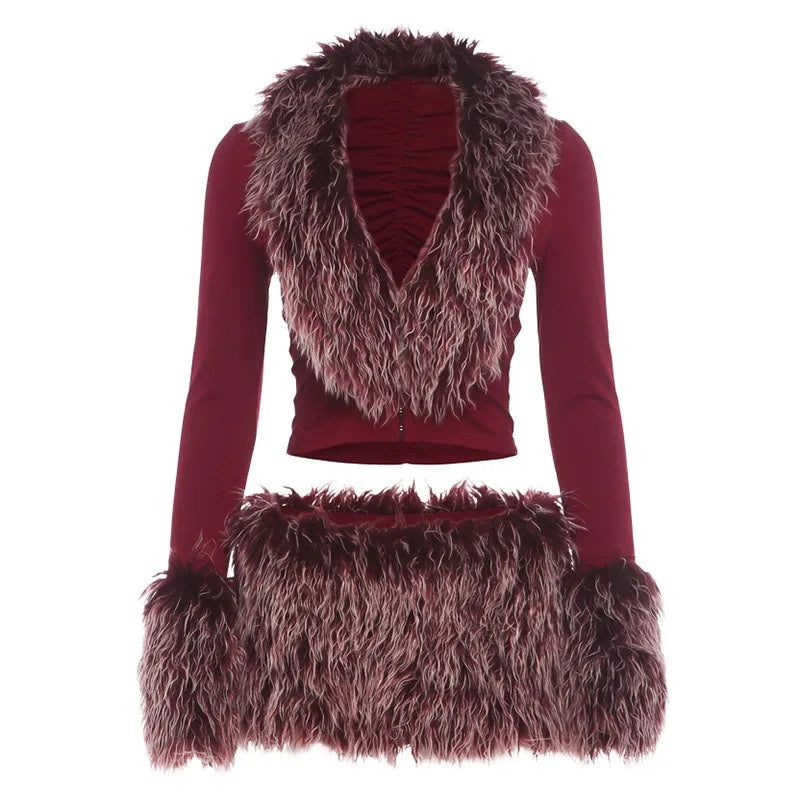 Womens Matching Sets Fluffy Faux Fur Trim Long Sleeve Top and Low-rise Mini Skirt Sets Woman 2 Piece Outfit