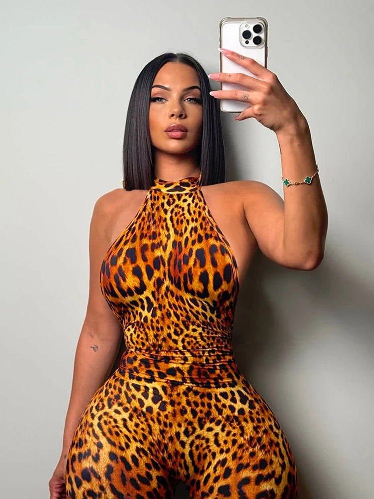 Backless Romper Women Halter Bandage Leopard Print Fit Tight Stretch Summer Sexy Hipster Activity Workout Playsuits