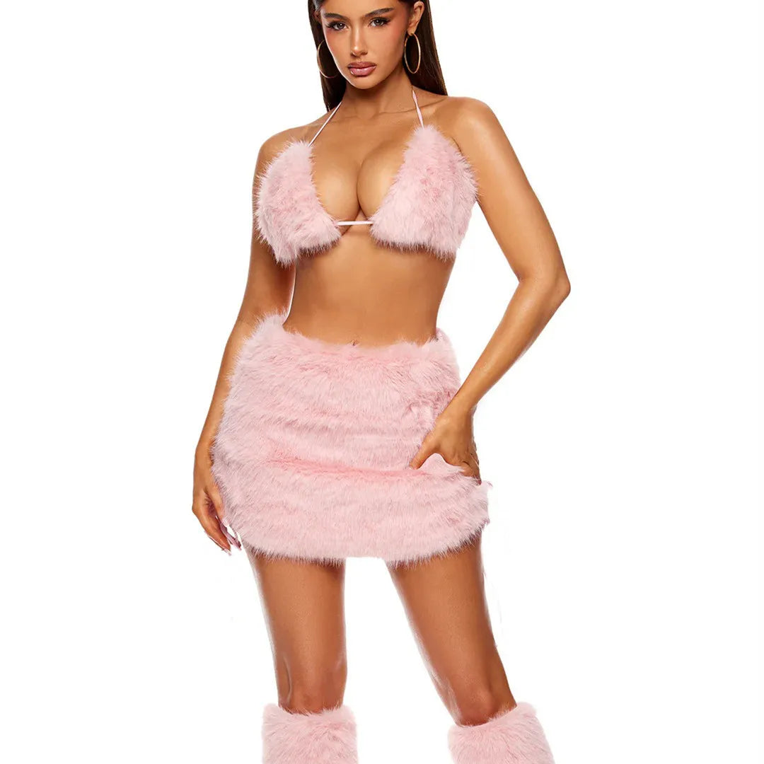 Women's 3 Piece Outfits Solid Halter Neck Sleeveless Fuzzy Bra and Mini Skirts and Leg Warmers Y2K Sexy Party Clubwear