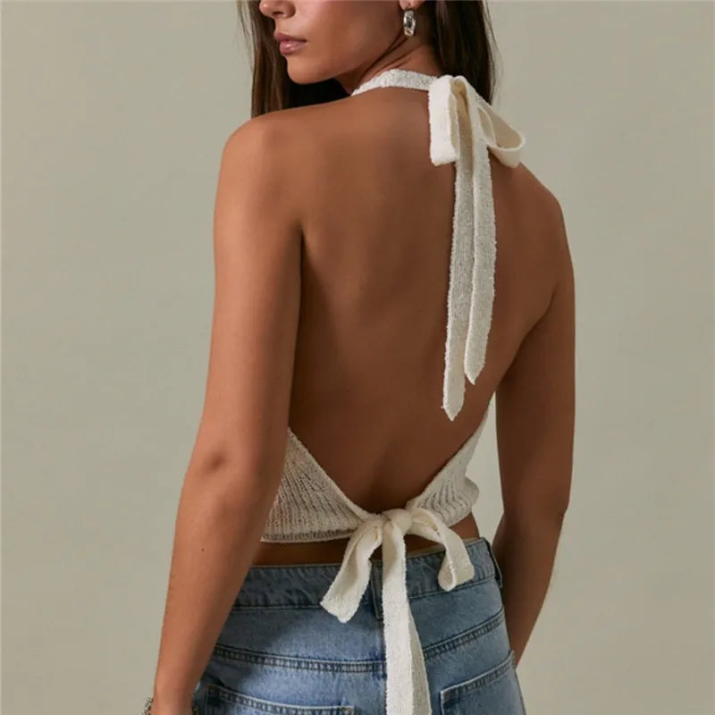 Retro Y2K Cowl Neck Knit Halter Top with Open Back Tie Cropped Sleeveless Sweater for Grunge Streetwear Urban Outfits