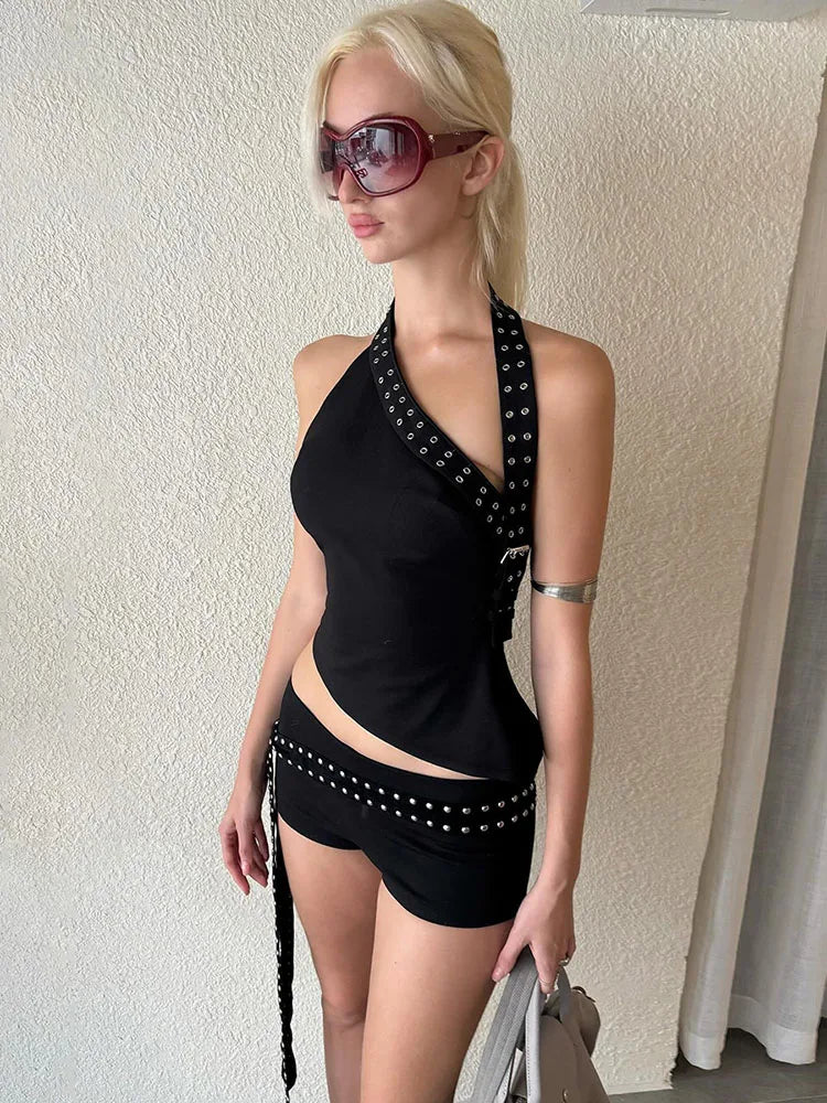 Sexy Hipster Hollow 3-Piece Set Women Biased Collar Backless Tank Tops+Rivet Waistband+Simple Shorts Midnight Suit