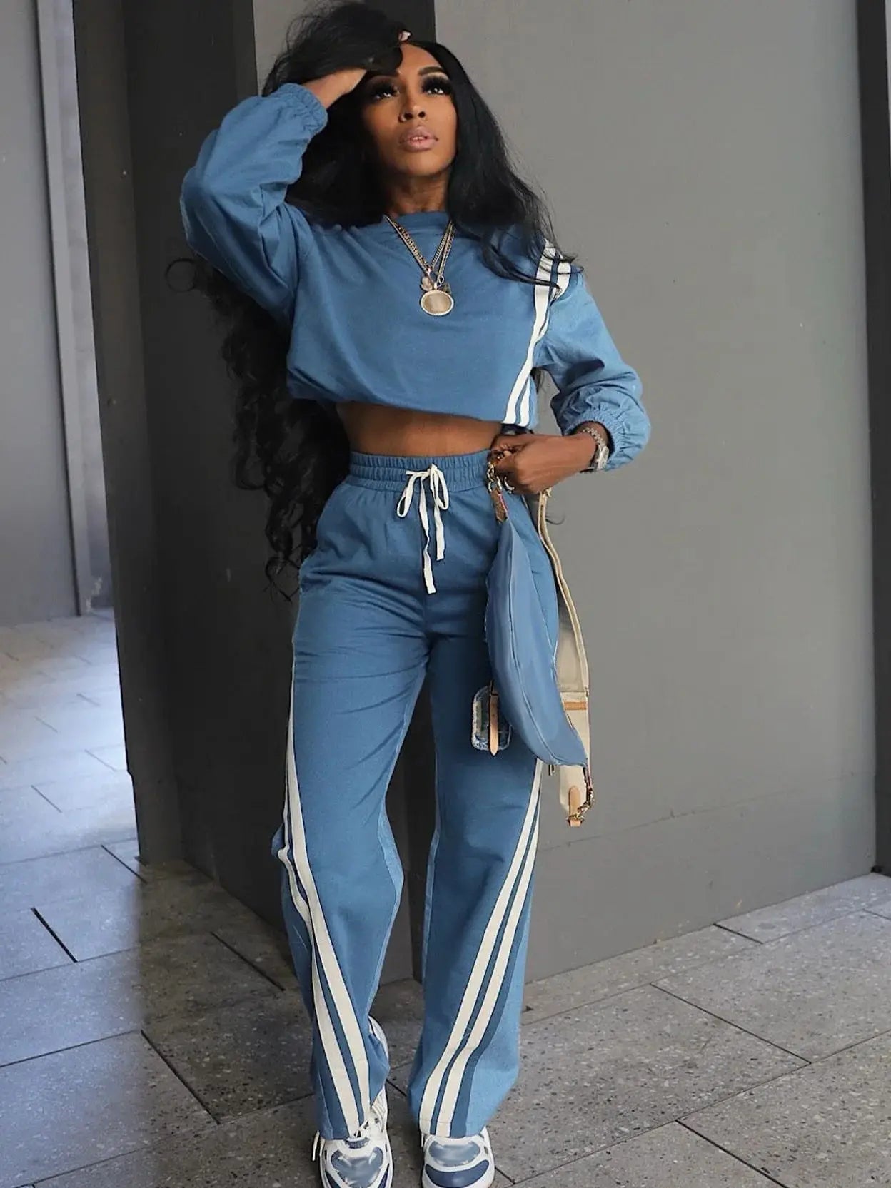 Autumn Trend 2 Piece Set Women Stripes Patchwork Full Sleeve Pullover+Drawstring Pants Casual Sporty Street Tracksuit