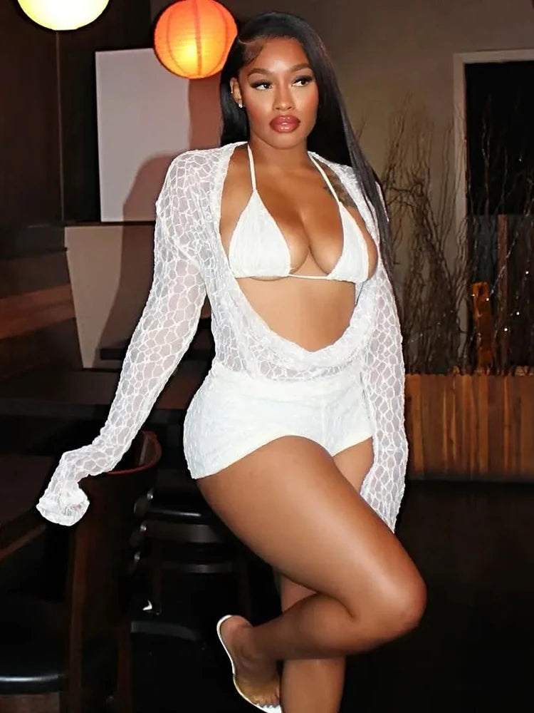 Sexy See Through 3 Piece Set Women Halter Bra+Swing Collar Flared Sleeve T-Shirts+Skinny Shorts Fashion Elegant Set