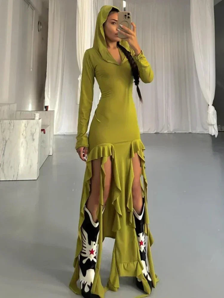 V Neck Hooded Ruffle Split Long Dresses Irregular Sexy Black Dress Y2k Street Fashion Winter Outfits for Women