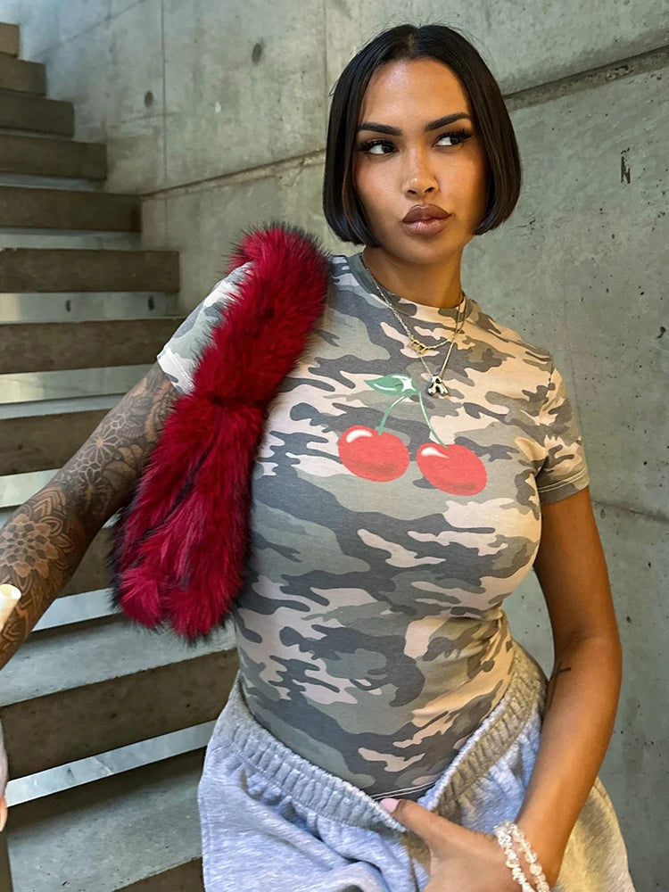 Camouflage Cherry Print T-Shirts Women Summer Trend o-Neck Short Sleeve Skinny Stretch Fashion Classic Streetwear