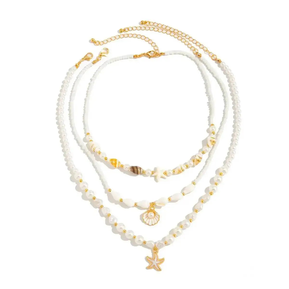 Boho 3Pcs Set Imitation Pearl Starfish Pendant Necklace for Women Y2K Style Oil Drop Charm Clavicle Chain Jewelry