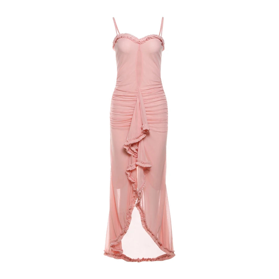 Hollow Ruffles Dress Woman Summer Spaghetti Strap Sexy Irregular Tassel  Patchwork Fungus Trim Mesh Skinny Vestidos