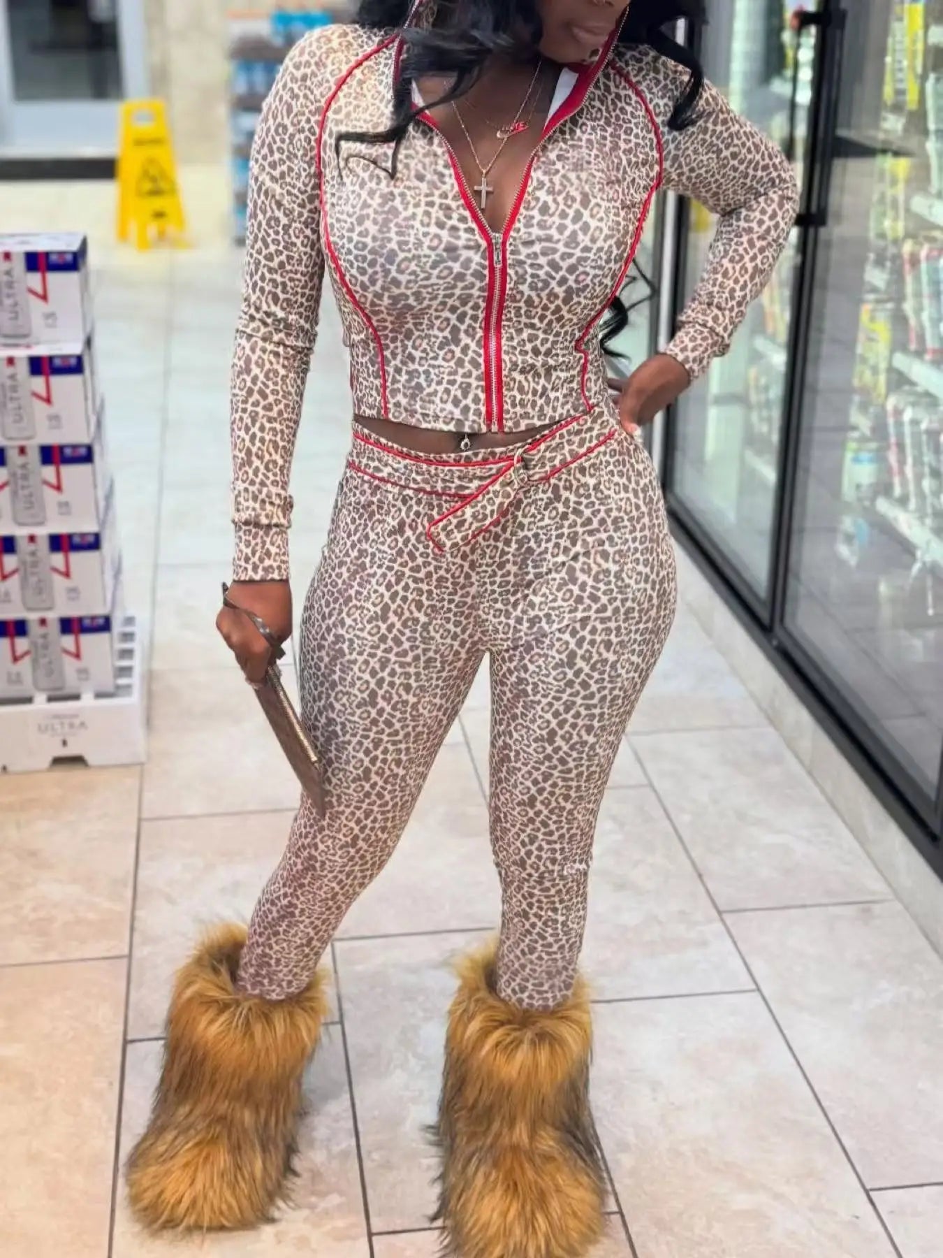 Leopard Print 2 Piece Set Women Tracksuit Casual Crop Jacket+Metal Sash Leggings Street Matching Club Stretch Outfits