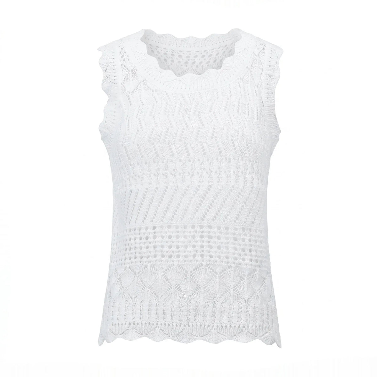 Women Hollow Out Knit Tank Top Sleeveless Scallop Trim Crochet Blouse Casual Summer Beach Aesthetic Streetwear Daily Top