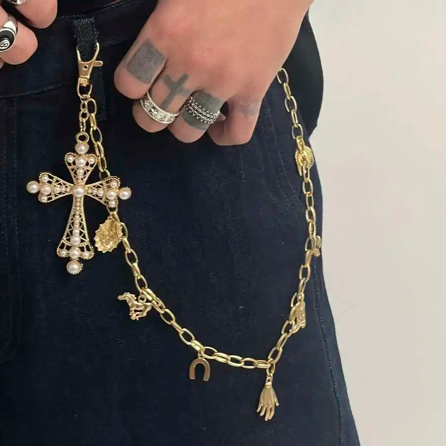 Hip Hop Cowboy Hat Boots Cross Pendant Keychains Jeans Pants Wallet Belt Bag Chain for Men Women 2025 Jewelry Gifts New