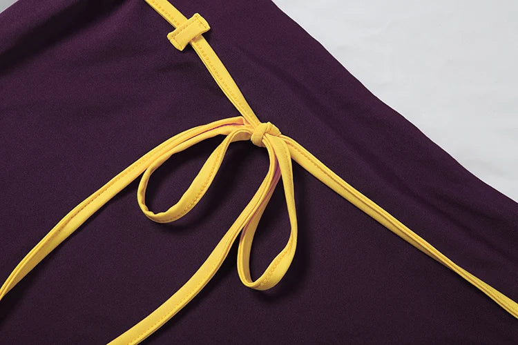 Lace-Up Tassel Decoration Mini Dress Woman Halter Low-Neck Backless Color Blocking Design Skinny Wrap Hip Bodycon