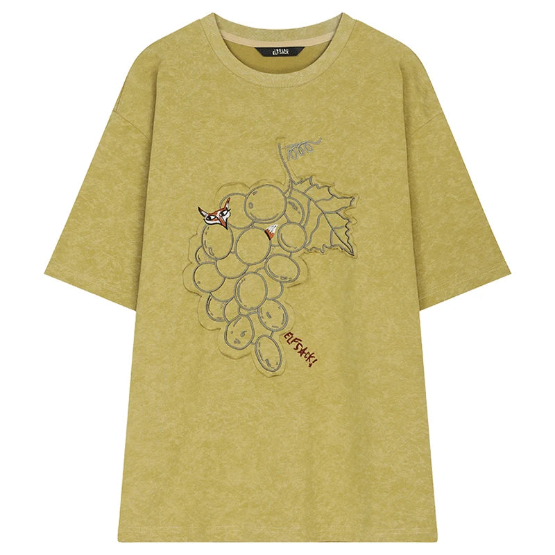 Vintage Washed Grape Print T-Shirt Women Summer Loose Mid-Length Casual Top Design Graphic Tee
