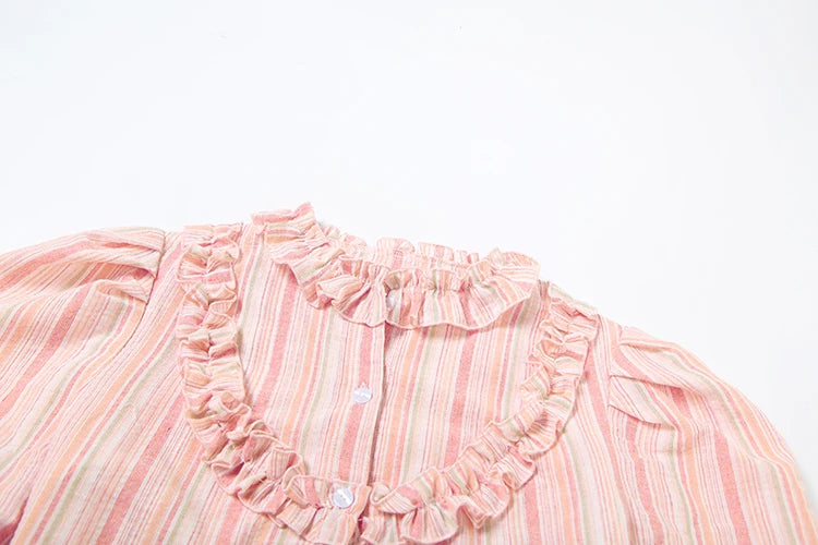 Stripe Print 2-Piece Set Women Y2K Button Puff Sleeve Irregular Crop Top+Edges Skirts Summer Streetwear Matching Suit