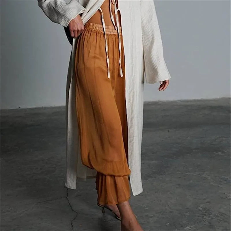 Casual Mesh See-Through Crop Trousers with Safety Shorts for Daily Women Capri Bloomers Pants Y2K Vintage Streetwear