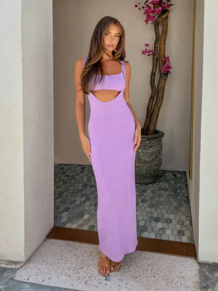 Sleeveless Bodycon Long Dresses Sexy Vacation Outfits for Females Two Pieces Dress Suits Black Purple