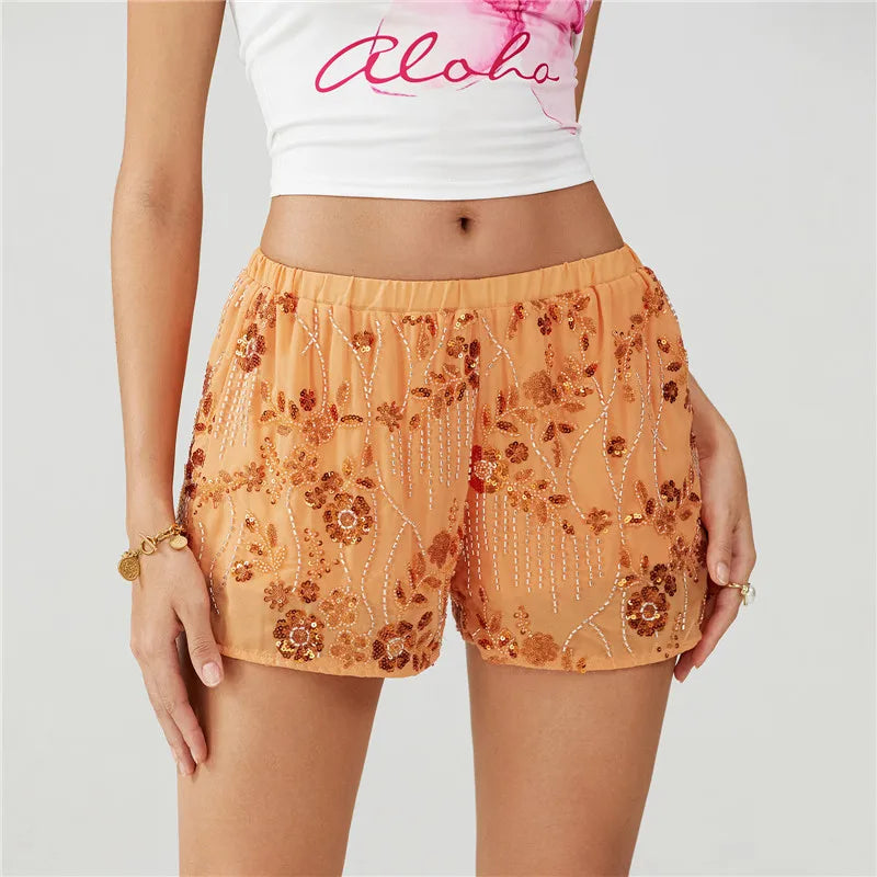 Women Sequin Mini Shorts Y2K Low Rise Sparkle Floral Bead Embellished Bottoms Teen Girls Cute Summer Trendy Shorts