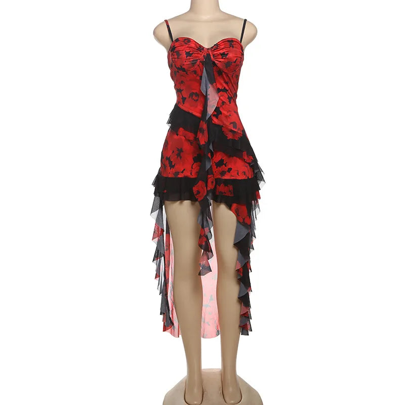 Red Floral High Low Dress 2025 Woman Sexy Sleeveless Asymmetrical Ruffled Long Dresses
