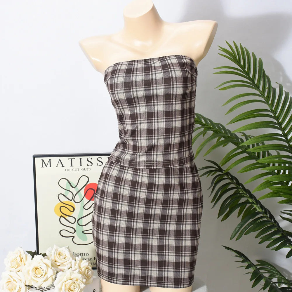Women's Summer 2 Piece Skirt Outfits Fashion Off Shoulder Plaid Tube Tops + Mini Skinny Bodycon Skirt Set Y2k Streetwear