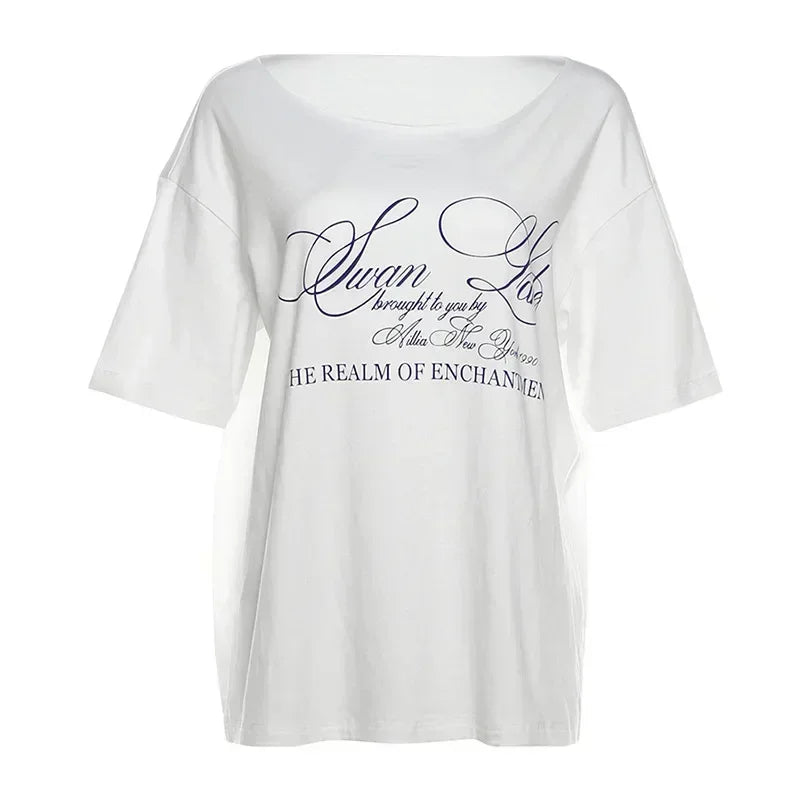 Letter Print Graphic T Shirts White Oversized One Shoulder Tops Womens Summer Fashion Clothing Trends 2024