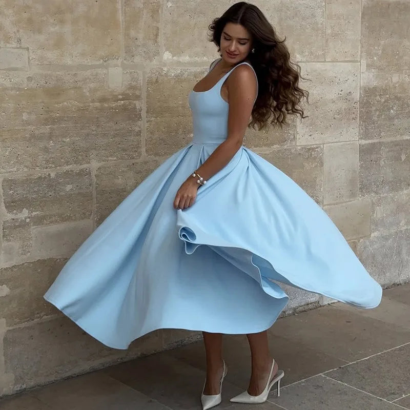 Elegant Square Collar Sleeveless A-line Long Dresses for Woman Summer Solid Color Dressy Dresses