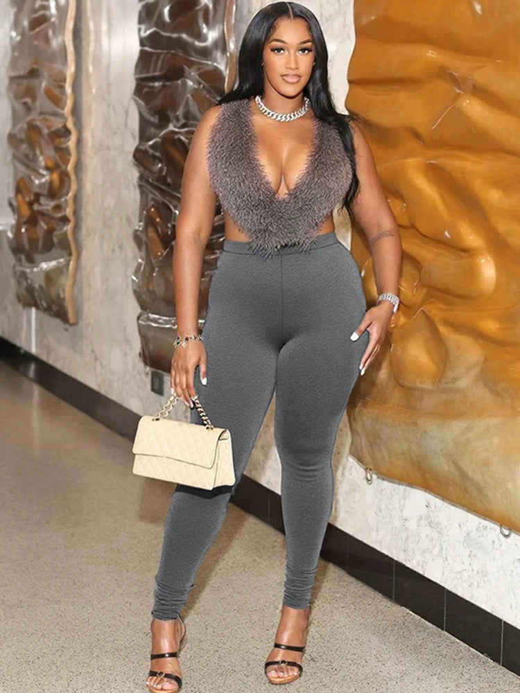 Sexy 2 Piece Set Women Tracksuit Hipster Backless Halter Furry Tank Tops+Leggings Matching Streetwear Fashion Outfits