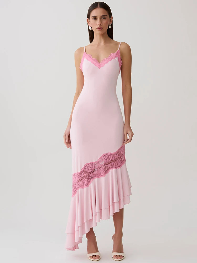 Women Spaghetti Strap V‑Neck Sexy Midi Dress Contrast White Lace Patchwork Ruffle Hem Bodycon Party Evening Dresses