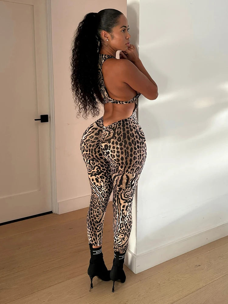 Leopard Print Jumpsuit Women Coquette Summer Trend Midnight Club Activity Sleeveless Fitness Stretch Workout Overalls