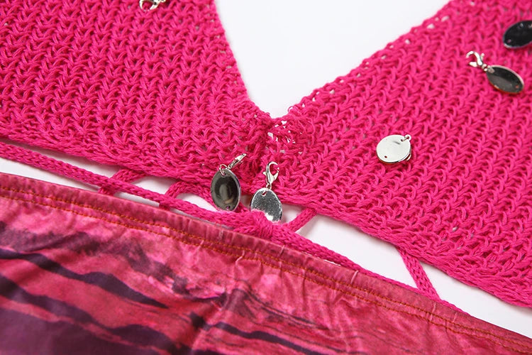 Vintage Women Set Knit Patchwork Diamond TasselsRuffles Hem Skirts+ Halter Backless Tops 2 Piece Vacation Clubwear