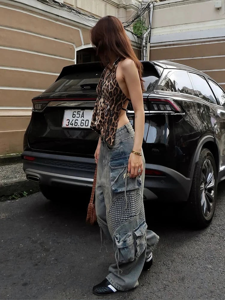 Leopard Sequins Women Vest Y2K Backless Halter V-Neck Lace-Up Sleeveless Street Skinny Wild Summer Trend Tank Tops