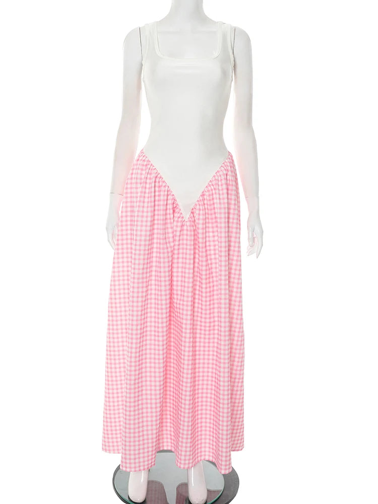 Patchwork Plaid Maxi Dress Women Square Collar Sleeveless Folds Loose Hem Summer Midnight Birthday Party Vestidos