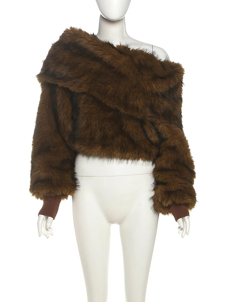 Warm Furry Sweater Woman Y2K Luxury Patchwork Winter Trend Skew Collar Full Sleeve Streetwear Wild Skinny Crop Coat