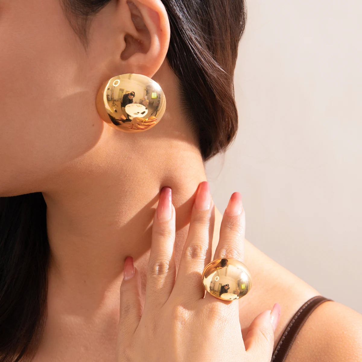 2Pcs Unique Smooth Round Big Ball Metal Stud Earrings Women Classic Vintage Rings Pierced Earring Steampunk Jewelry Set