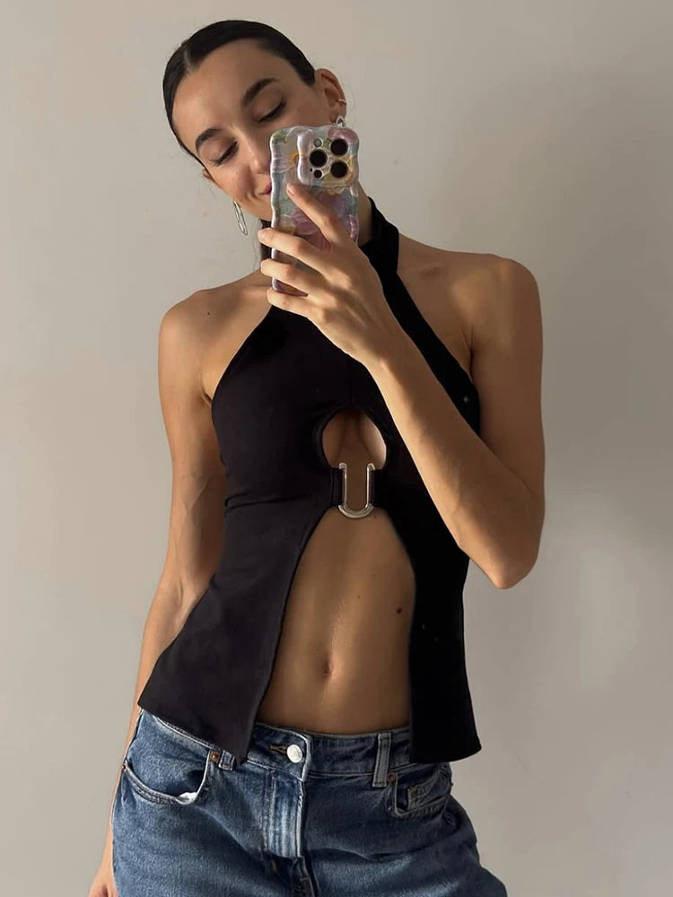 Metal Ring Tank Tops Women Y2K Chic Split Navel Backless Coquette Buttons Halter Sexy Hottie Midnight Wild Basic Vest