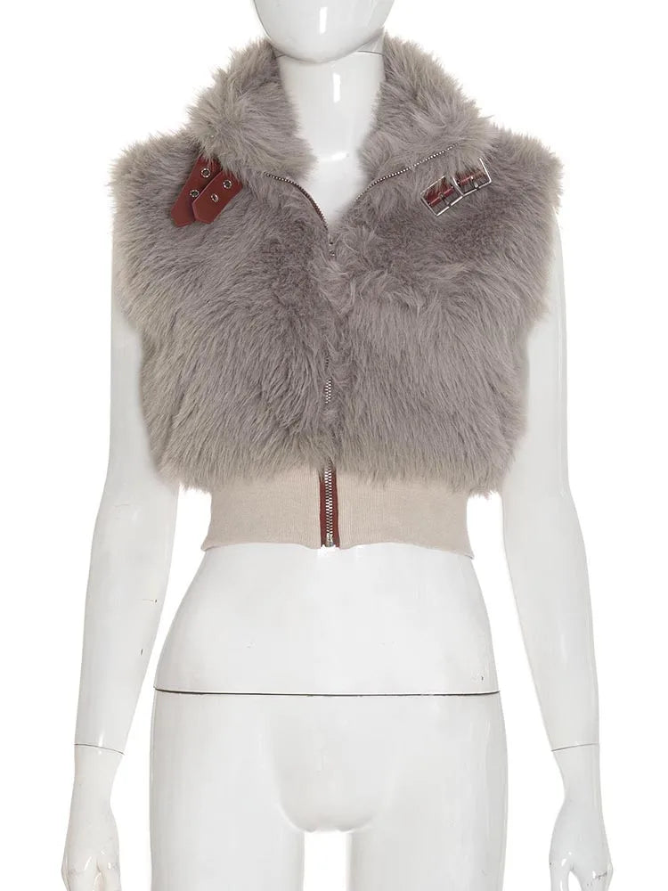 Sexy Furry Tank Tops Women Autumn Trend Patchwork Zip Metal Leather Buckle Slim Hottie Wild Street Clubwear Waistcoat