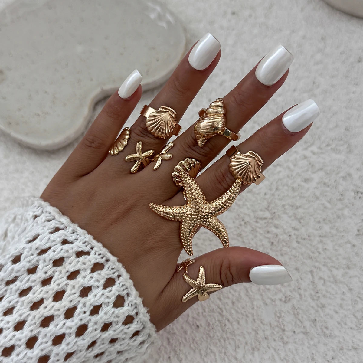 12Pcs/Set Punk Starfish Scallop Open Cuff Bangles Adjustable Rings for Women Boho Armband Bracelets Summer Jewelry Set