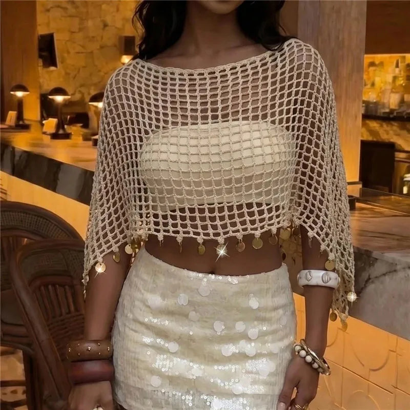 Summer Hollow Knit Coin Tassel Crop Poncho Women Off Shoulder Beach Bikini Cover Up Bohemian Vacation Layering Cape