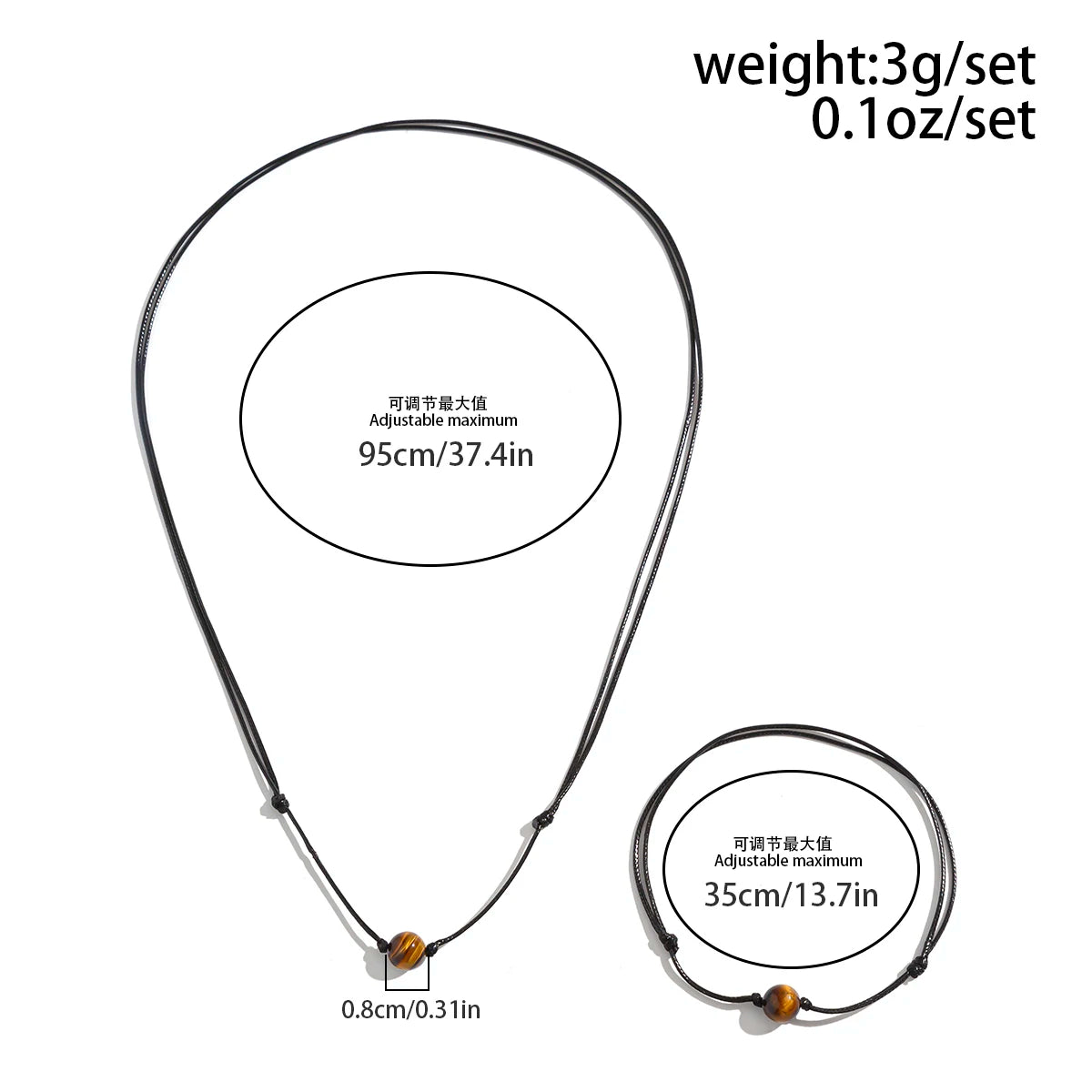 2Pcs Goth Simple Black Leather Wax Thread Chain Necklace Bracelet for African Men Stone Beads Choker Male Jewelry Set