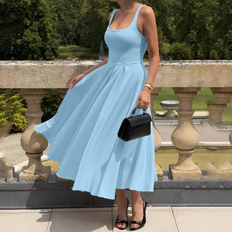 Elegant Square Collar Sleeveless A-line Long Dresses for Woman Summer Solid Color Dressy Dresses