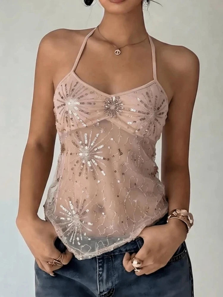 Pentagram Sequin Camisole Women Patchwork Mesh Folds Low-Neck Halter Bandage Sexy Midnight Hottie Summer Clubwear
